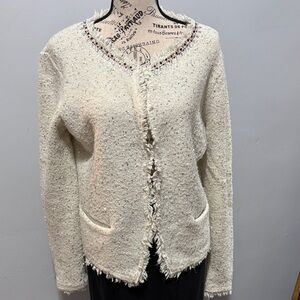 Donna Karan Cream Sweater with Beaded Trim